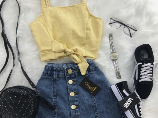 Saia jeans com cropped amarelo