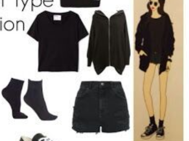 Um calção jeans preto, uma camiseta preta, uma blusa preta, uma touca preta e um
All star