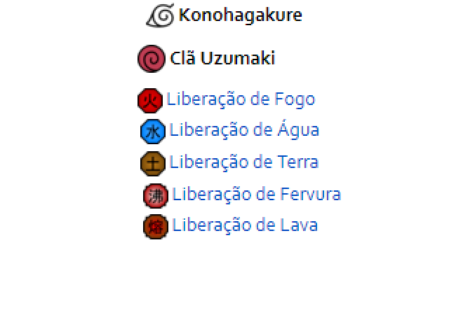 Folha,Uzumaki,Fogo,Água,Terra,Lava,Fervura