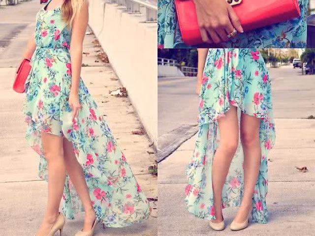 um vestido floral estilo sereia, uma bolsa rosa e um sapato nude.