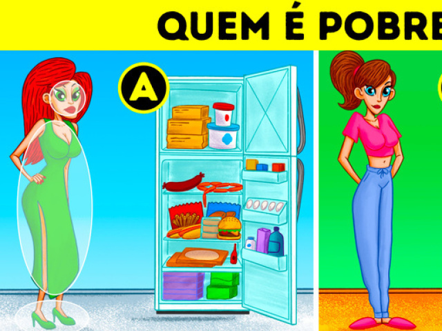 A resposta é “A”. As pessoas com renda menor tendem a gastar mais em itens que as fazem parecer mais ricas, como salto alto, roupa chamativa e maquiagem pesada. De forma geral, gastam mais do que ganham, e é por isso que uma geladeira cheia numa casa onde mora uma só mulher pode revelar a verdade.