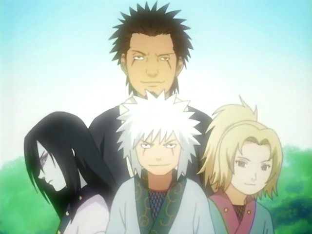 Hiruzen, Jiraya, Tsunade e Orochimaru