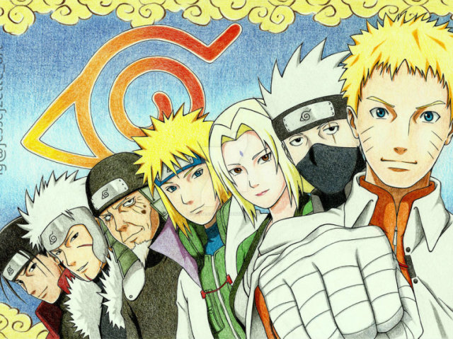 Hashirama Senju, Tobirama Senju, Hiruzen Sarutobi, Minato Namikaze, Tsunade, Kakashi Hatake,
Naruto.