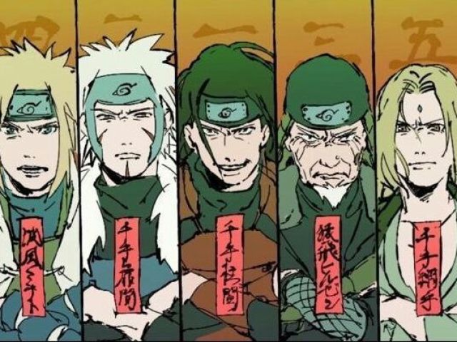 Hiruzen Sarutobi, Hashirama Senju, Tobirama Senju, Tsunade, Minato Namikaze, Naruto, Kakashi Hatake