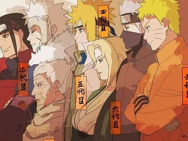 Naruto, Minato Namikaze, Hiruzen Sarutobi, Hashirama Senju, Kakashi Hatake, Tobirama Senju, Tsunade