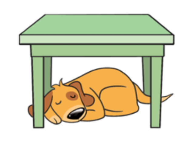 The dog is under the table.