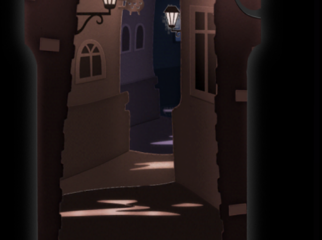 The narrow, dark, lantern-lit alley