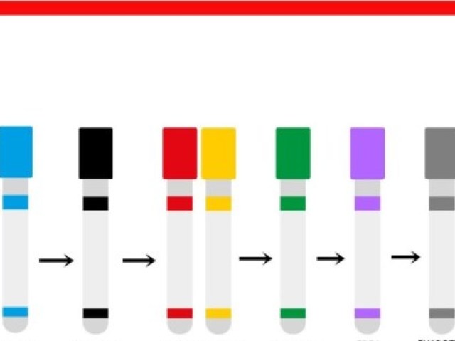 Azul: Coagulação
Preto: hemosedimentação
Vermelho/amarelo: bioquímicos e bilirrubina
Verde: Bile
Roxo: hemograma
Cinza: glicose