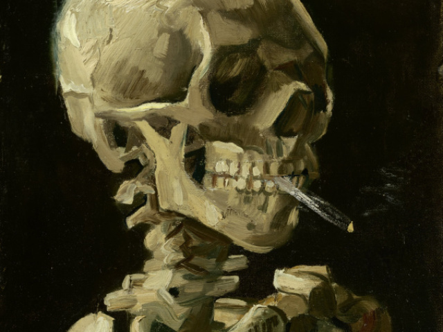 head of a skeleton with a burning cigarette