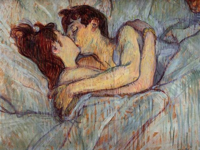 in bed, the kiss