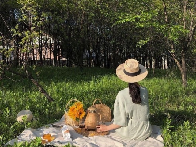 Um picnic a tarde em um bosque, com frutas e lanches variados. Talvez um de vocês leve uma câmera pra bater fotos fofas.