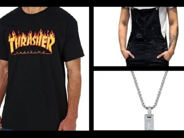 Camisa thrasher, jardineira, corrente e anel