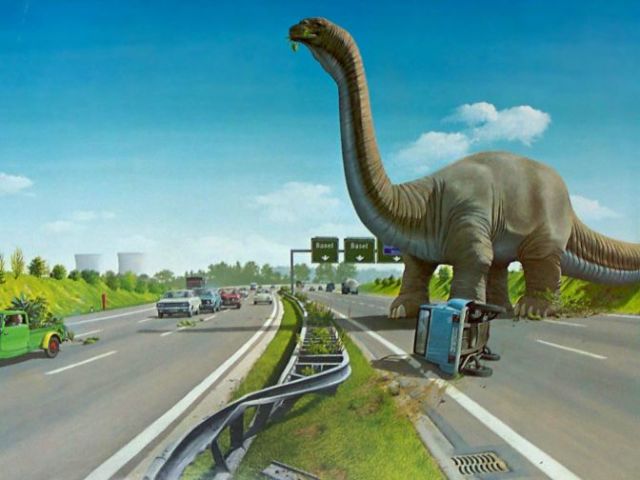 Giuseppe Reichmuth, Dinosaurier auf der Autobahn, 1980