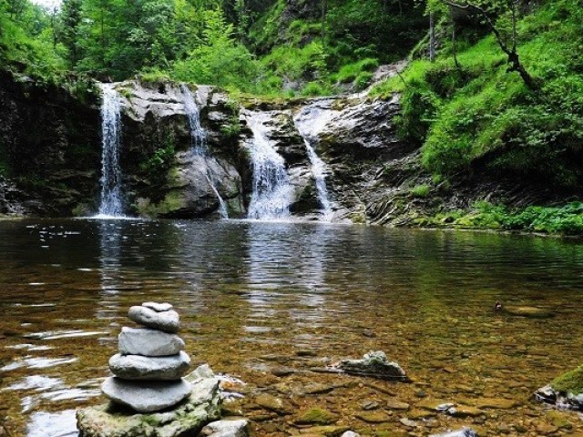 Em um bosque próximo a uma cachoeira