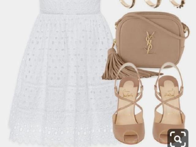 Vestido branco com saltos Bejes e bolsa beje, óculos anéis /

Bem clássica, fofinha