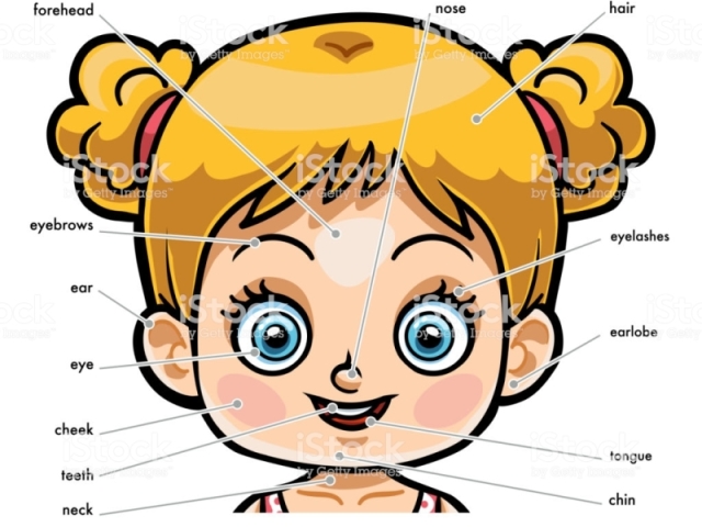 She's blond hair, black eyebrows, a big blue yes and small nose.