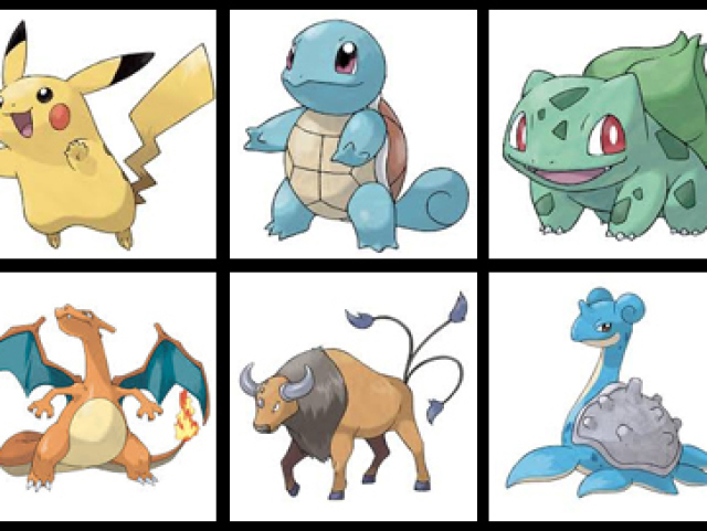 pikachu,squirtle,tauros,lapras,bulbassauro e charizard