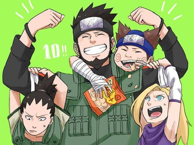 Time 10 (Shikamaru Nara, Ino Yamanaka e Choji Akimichi. A equipe é liderada por Asuma Sarutobi.)