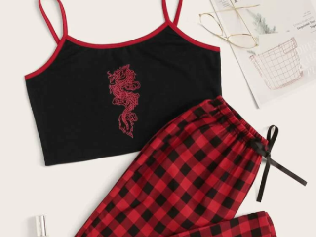 Blusa com dragão e calça xadrez