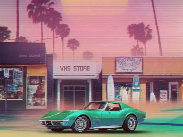 Um carro antigo e um fundo um tanto vaporwave.