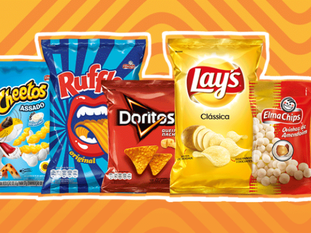 cheetos, ruffles, doritos, lays e ovinhos de amendoim.