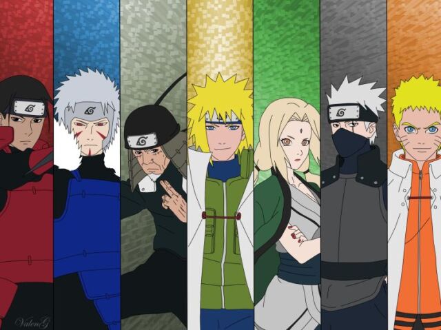 Hashirama,
Tobirama,
Hiruzen,
Minato,
Tsunade,
Kakashi,
Naruto.