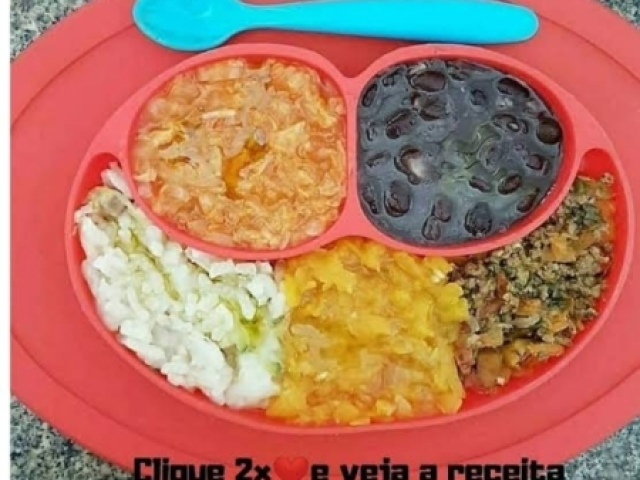 Feijão,carninha de frango,batata esmagada,xuxuzinho e carne moída.