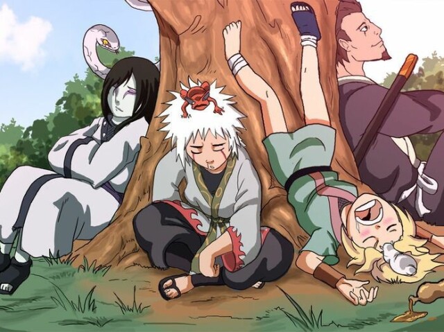 Hiruzen, Jiraya, Tsunade e Orochimaru