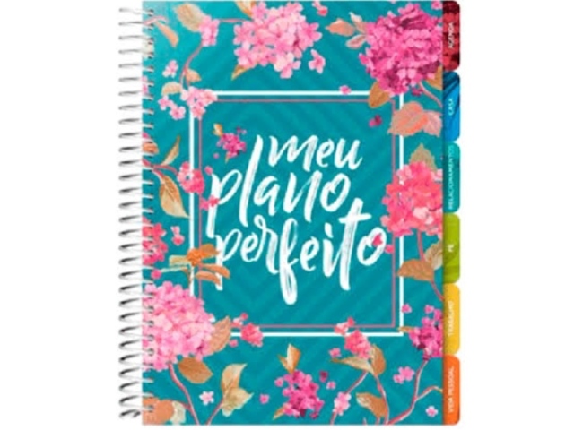 Agenda azul com flores e com frase