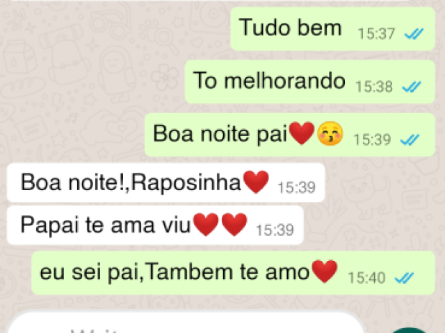 Eu respondi com todo animo que consegui encontrar em min por mais que eu nao esteja bem,Nao estar cara cara com ele diminuiu a preçao de parecer Bem na frente dele,nao quero o deixar preucupado atoa