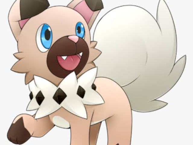 Rockruff muito poderoso, um cao de pedra, no desenho ele tem a evolucao da noite e do dia, mais ele evolui pra uma nova forma, nao me lembro o nome(é um pokemon do ash)