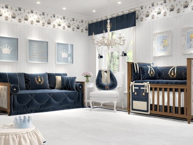 Quarto grande e luxuoso azul marinho.