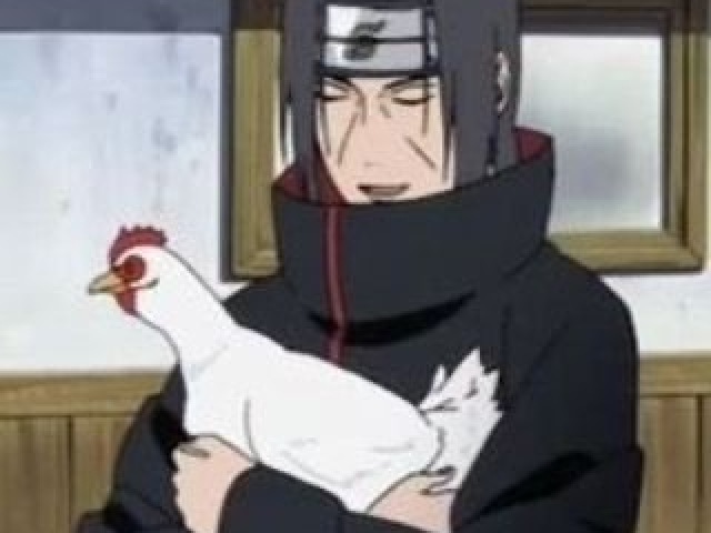 Itachi segurando uma galinha