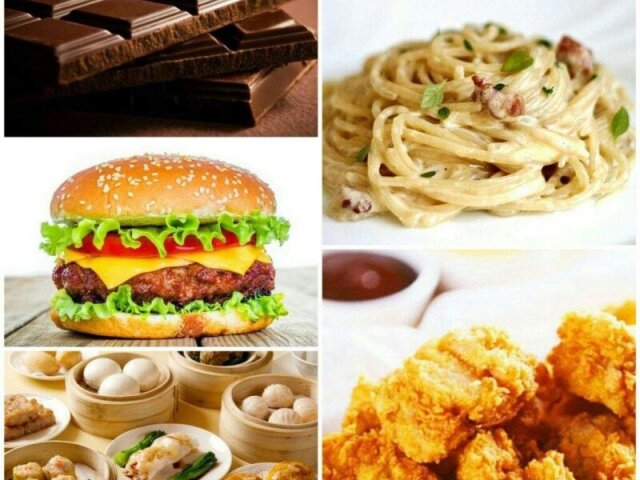 Chocolate, hamburguer, dimsum, espaguete com molho carbonara e frango.