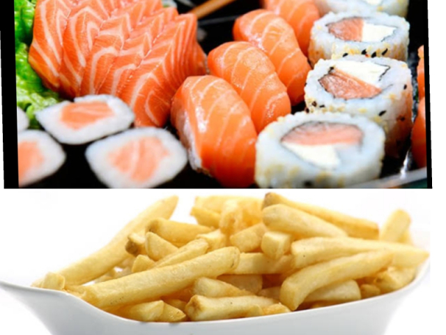 Comida japonesa com batata frita