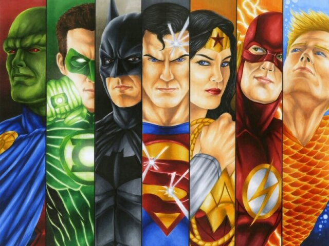 Aquaman, Batman, Superman, Caçador de Marte, Lanterna Verde, Mulher Maravilha, Flash