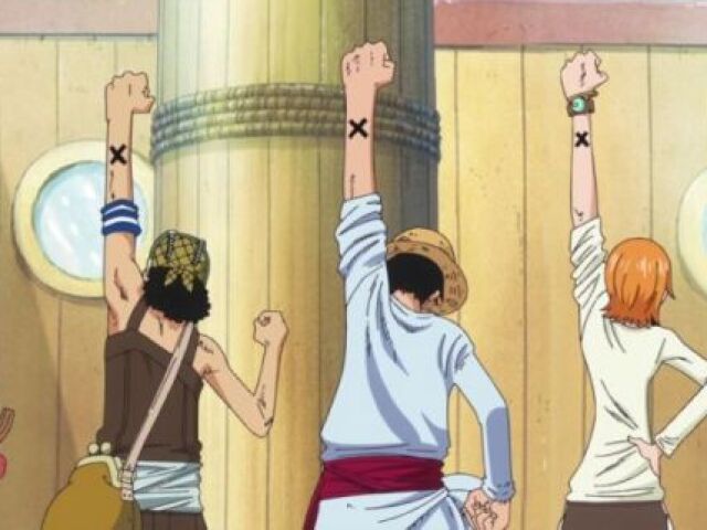 Luffy e os Mugiwaras mostrando o "x" em seus braços esquerdos para mostrar seu companheirismo a Vivi