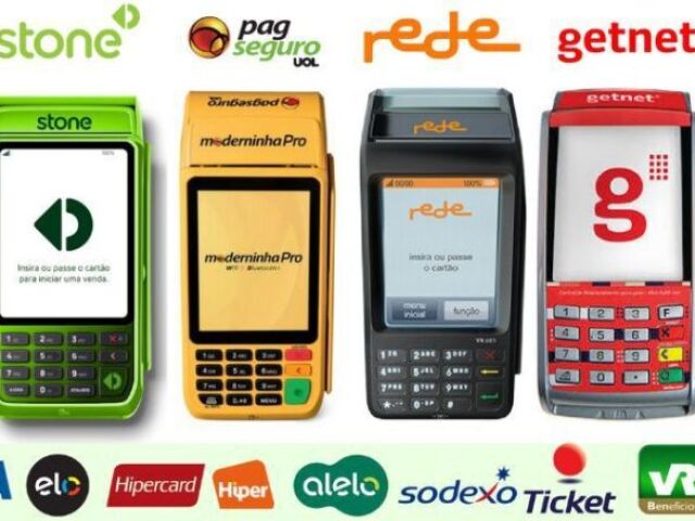 Mercado Pago, Rede, Cielo, PagSeguro, Getnet, Sumup e Stone.