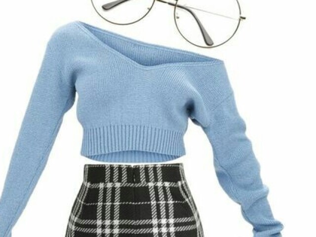 Blusa azul saia e botas
Com meu óculos claro!