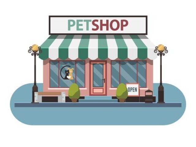 um pet-shop com toudo, placa de aberto/fechado e luzes do lado.