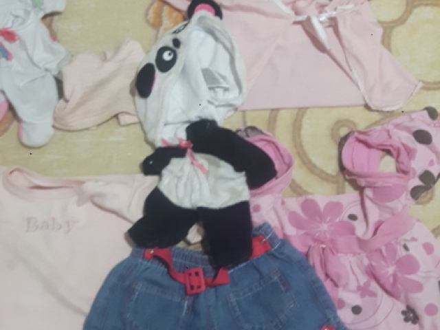 Um bori e um vestidinho e uma blusa e um sortinho e dois macaquinhos um de panda outro de unicornio