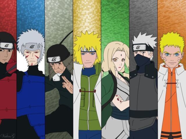 Hashirama, Tobirama, Minato, Hiruzen, Kakashi, Tsunade, Naruto