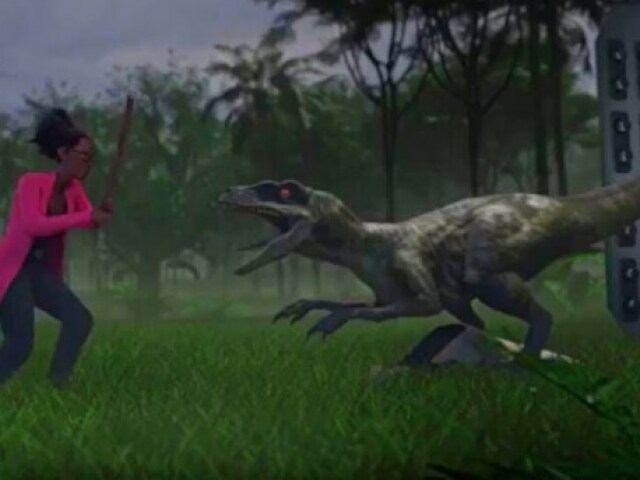 Fugir dali, prestando atenção ao seus lados enquanto anda de costas, não quebrando o contato visual com o raptor na sua frente