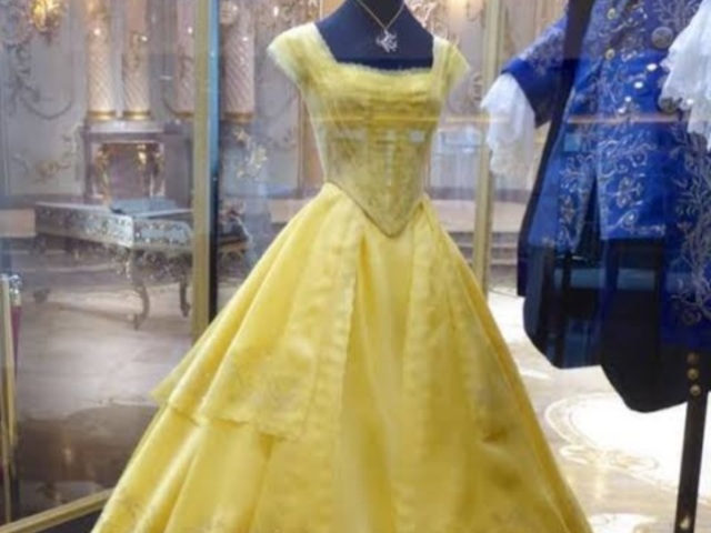 Um lindo vestido amarelo com muitos detalhes