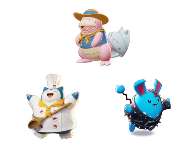 Azumarill: Estilo Punk / Snorlax: Estilo Mestre Cuca / Slowbro: Estilo Jardineiro