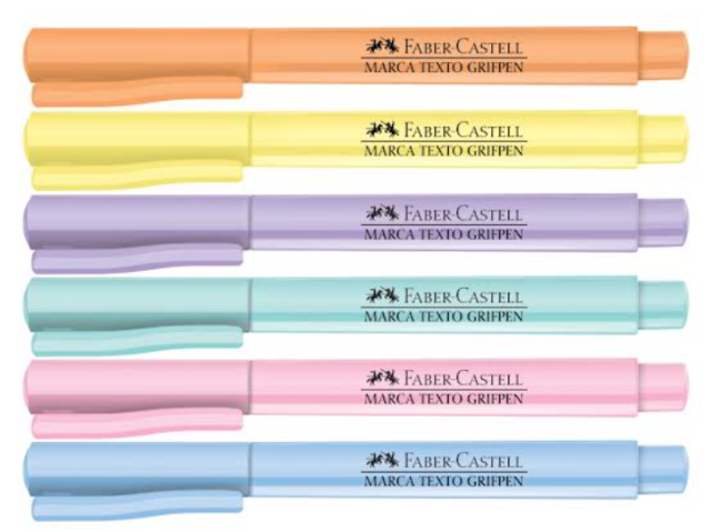 Seis marca textos da Faber Castell tons pastel com as cores azul, rosa, verde água, roxo, amarelo e laranja