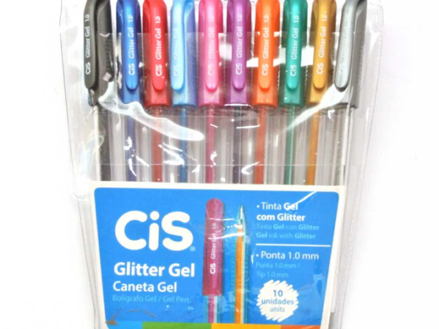 nove Canetas glitter da cis com cores preto, azul marinho, vermelho, rosa, roxo, laranja, verde, dourado e cinza