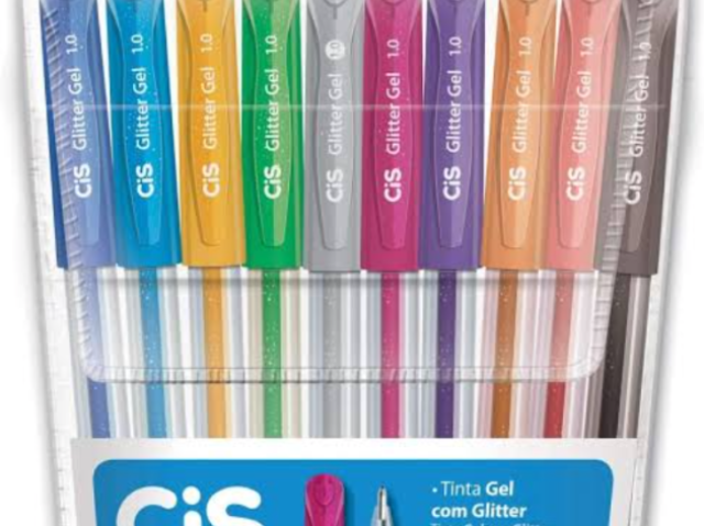 Dez canetas em gel com cores azul arroxeado, azul, amarelo, verde, cinza, rosa, roxo, laranja, vermelho e preto