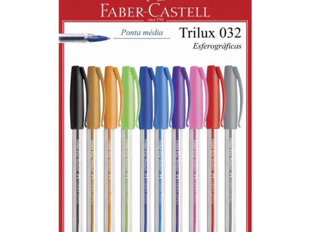 Doze canetas coloridas da Faber Castell cm as cores preto, dourado, amarelo, verde, azul escuro, auzl claro, roxo, rosa, vermelho e cinza