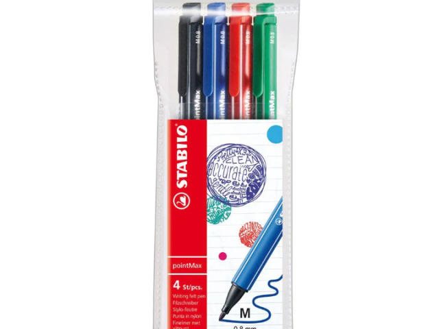 Quatro canetas stabilo das cores preto, azul, vermelho e verde